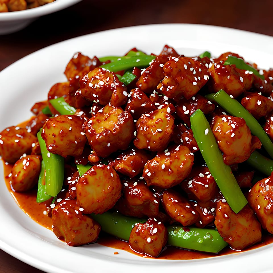 Fat Panda's Asian-fusion dish with chicken, green beans, and sesame seeds in a rich red sauce.