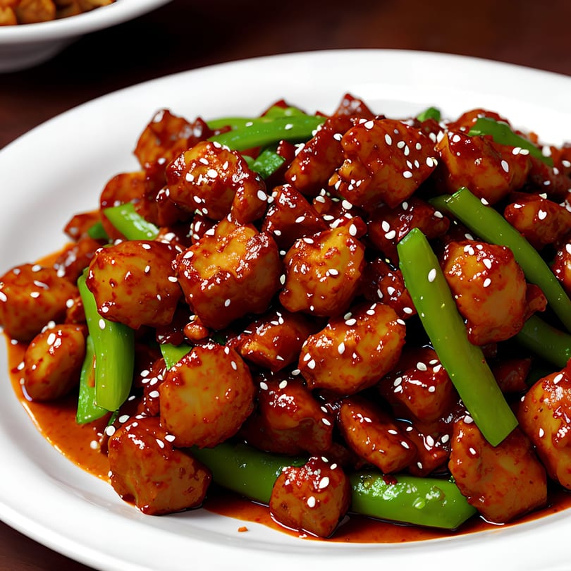 Fat Panda's Asian-fusion dish with chicken, green beans, and sesame seeds in a rich red sauce.